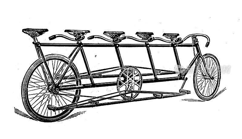 古董插图:交通工具的发明，多辆自行车