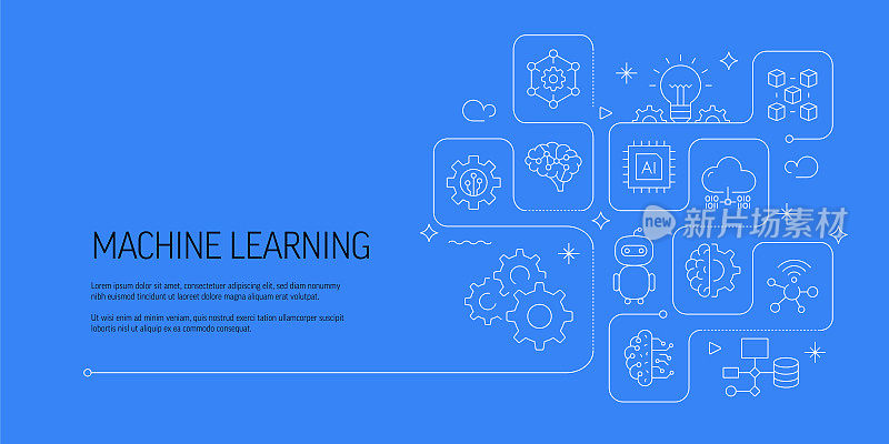 机器学习相关的矢量横幅设计概念，现代线条风格与图标