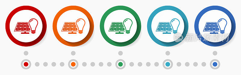 太阳能，光伏能源概念矢量图标集，信息图模板，平面设计圆形彩色网页按钮5种颜色选项