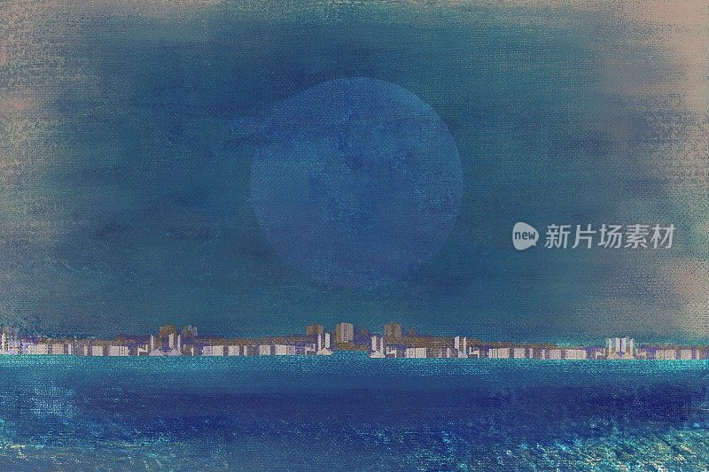 神奇的水平背景，城市上空有一个星形圆盘