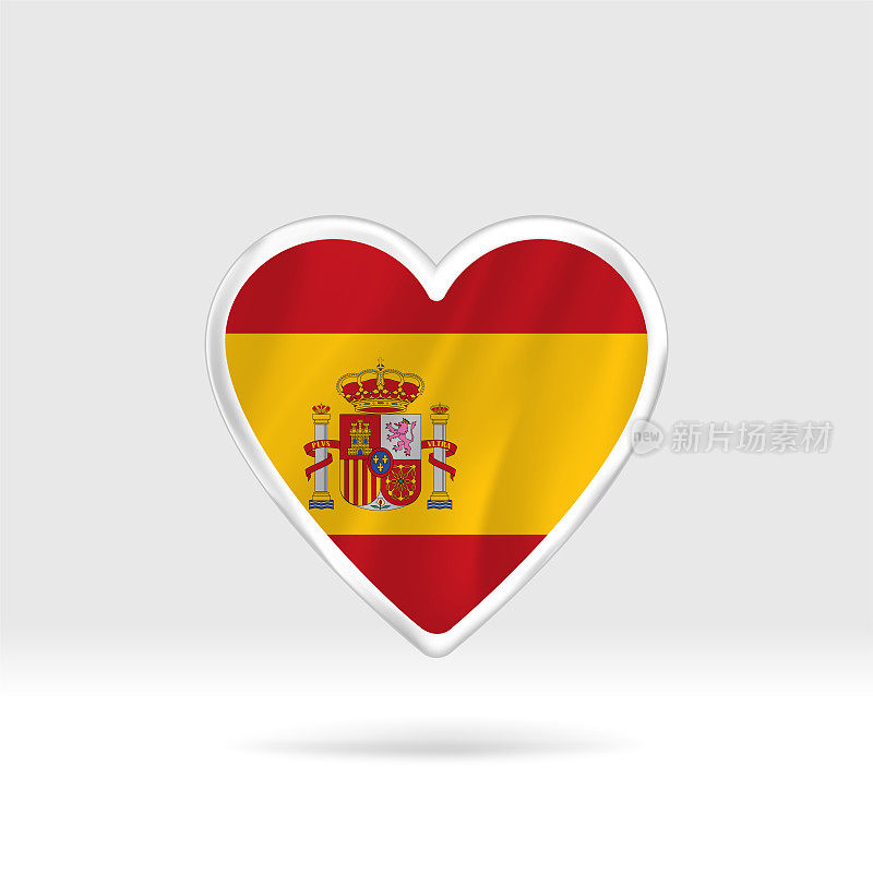 西班牙国旗上的心。银色纽扣心和旗帜模板。