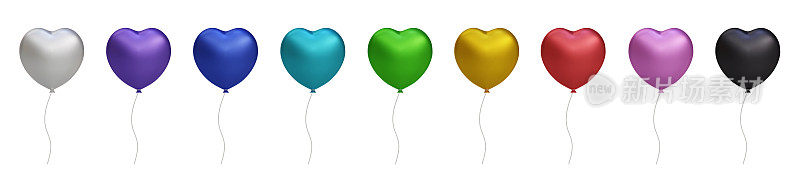 3d闪亮的彩色心脏，光滑的氦气气球设置隔离在透明的背景。矢量逼真的金色、银色、白色、金色缤纷和黑色喜庆。周年纪念、生日模板