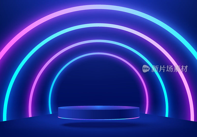 抽象逼真的蓝色三维圆柱体基座基座。科幻的黑暗抽象房间与隧道发光的霓虹灯照明线。矢量渲染模型产品显示。未来场景，舞台展示。