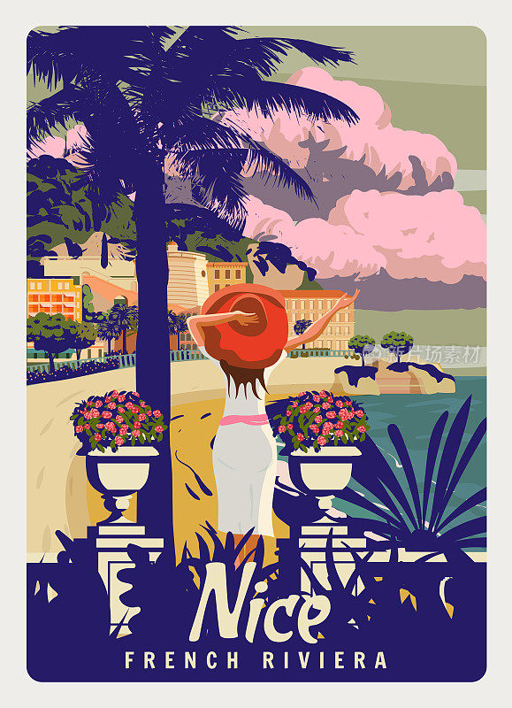 不错的法国里维埃拉海岸海报佳酿。女士度假，棕榈，度假村，海岸，大海，海滩。复古风格插图矢量
