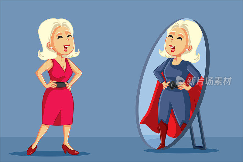 照镜子的女人看到一个超级英雄矢量卡通