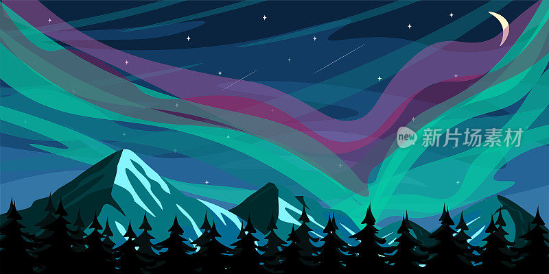 美丽的冬季北极光矢量插图。卡通森林景观，夜空星空，北极光雪山。