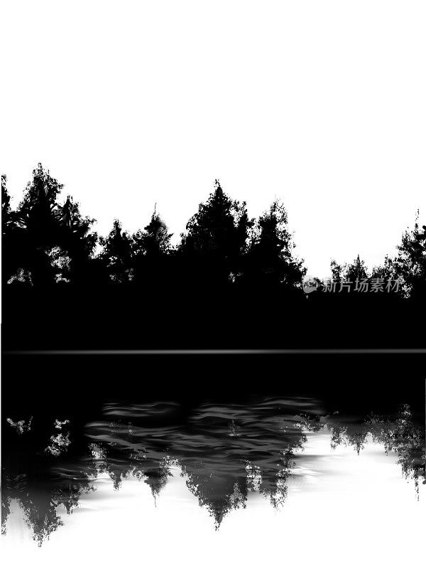 剪贴艺术风格的剪影背景插图的神秘的深森林反射在水面上。