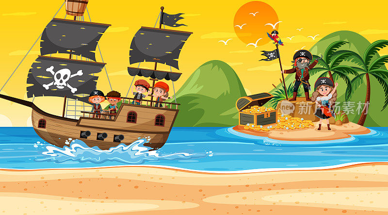 日落时分和海盗孩子们在金银岛的场景