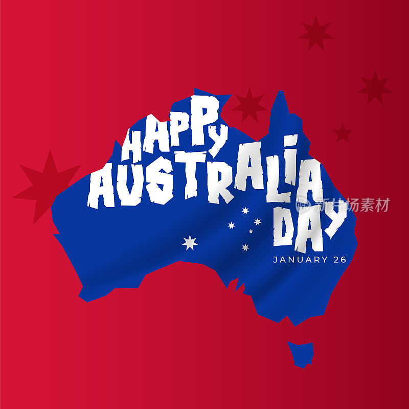澳大利亚国庆日快乐。澳大利亚地图的背景与星星。矢量股票图
