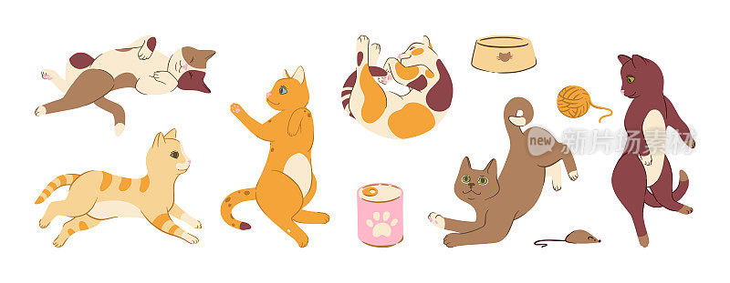 猫造型涂鸦集玩具和食物。猫与饰品。矢量图