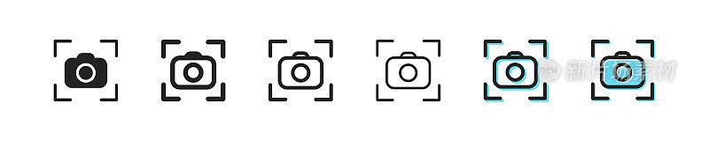 照相机的焦点图标。照片拍摄矢量符号。简单的轮廓屏幕图标。取景器的图标集。目标镜头黑色和蓝色的网页图标。