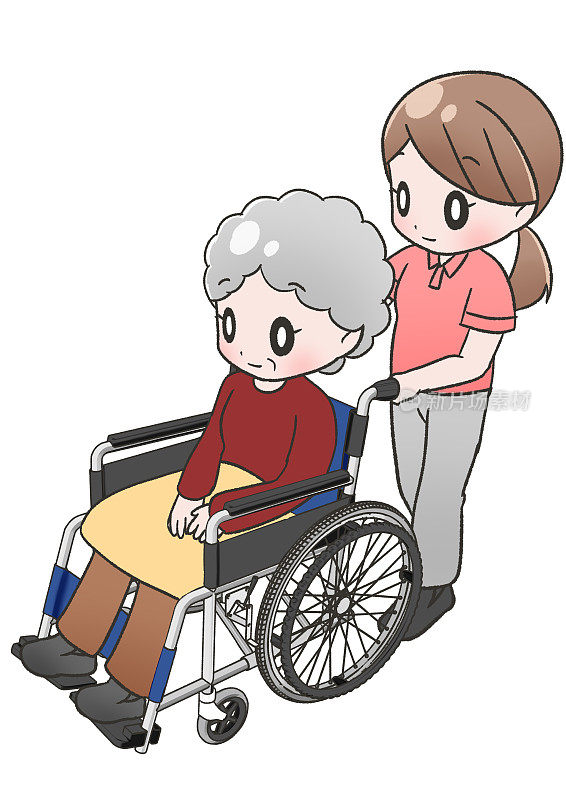 一位妇女，要么是护理人员，要么是护士，推着轮椅，载着一位祖母