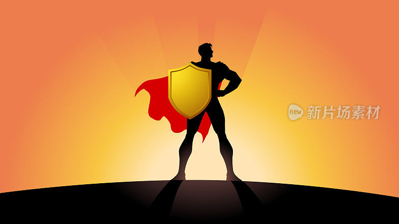 矢量超级英雄剪影在权力的姿势与盾股票插图