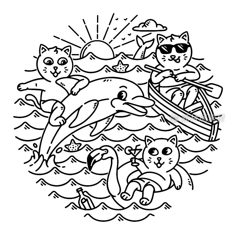 一群可爱的猫在海线插画