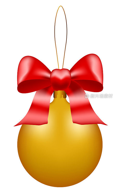 圣诞球的现实。圣诞装饰球，红色蝴蝶结，金球系在一根绳子上。透明的背景