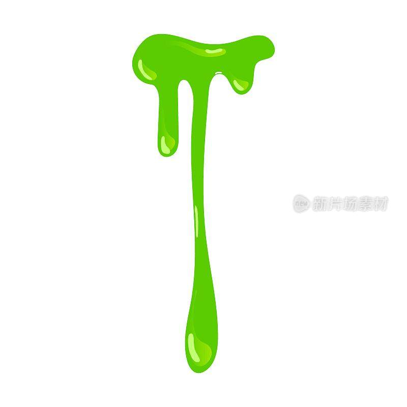 绿色鼻涕，黏液，水花和斑点。粘性粘液飞溅或滴粘性液体的矢量图。卡通黏滴孤立在白色