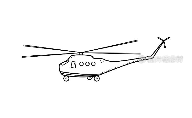 军用直升机图标涂鸦矢量。战争运输，孤立上白。