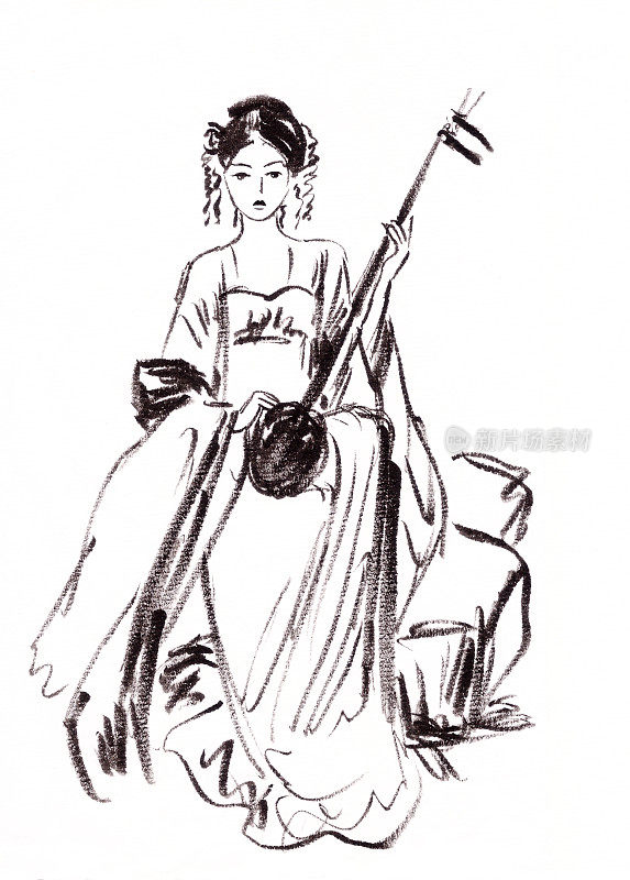 中国古装乐器少女，图文并陈的黑白画，