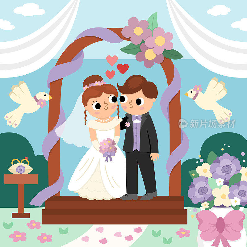 向量婚礼现场与可爱的新婚夫妇。新郎新娘的婚礼风景。丈夫和妻子站在拱门上，身边有鸽子和鲜花