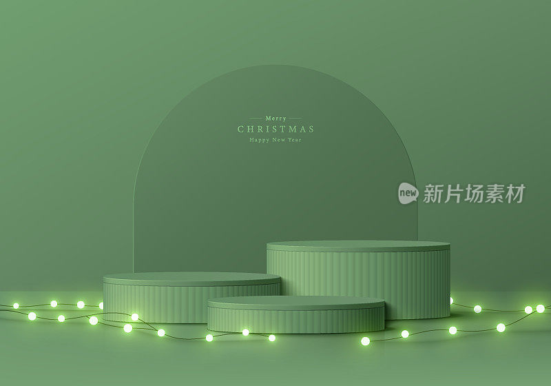 三维圣诞背景以逼真的绿色圆柱基座基座，霓虹灯灯泡装饰。新年最小墙体场景模型产品展示。向量几何形式。舞台展示。