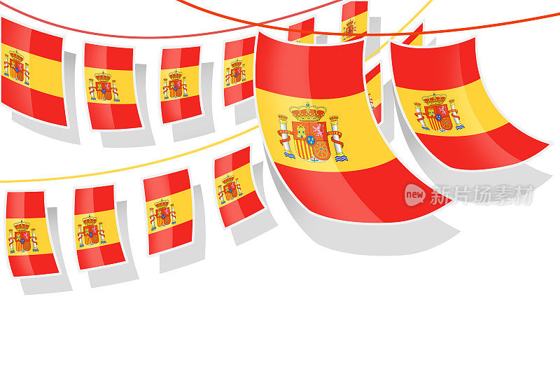一排西班牙国旗在白色背景绳上挥舞