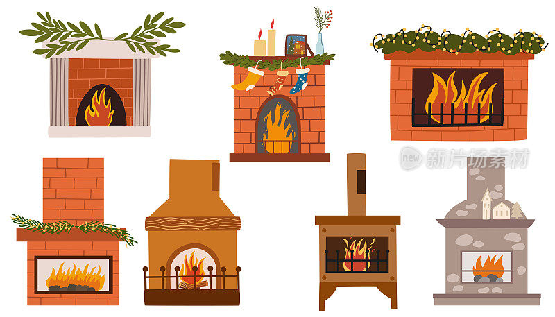圣诞壁炉系列。家庭壁炉的袜子，长筒袜，礼物，蜡烛，冷杉和圣诞装饰。温暖舒适的壁炉与冬季假期装饰。矢量插图孤立在白色上
