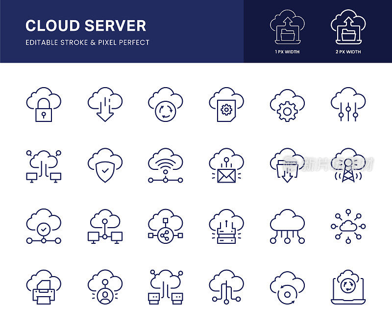 云服务器线路图标。该图标集由云数据、云存储、服务器、数据中心、云计算、网络服务器等组成。