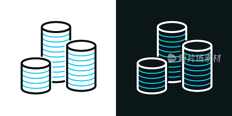 一堆硬币。黑色或白色背景上的双色线条图标-可编辑笔触