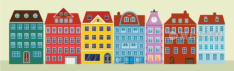 老城区的房子。欧式复古风格建筑。旧城的正面。哥本哈根矢量图。