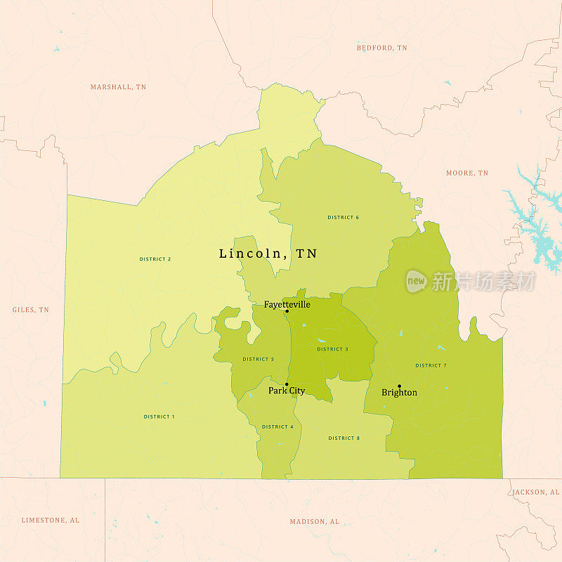 TN林肯县矢量地图绿色