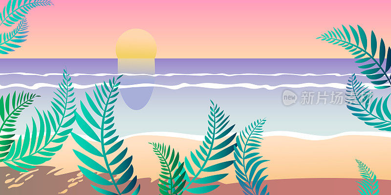 海上日落矢量插图。沙滩沙棕榈