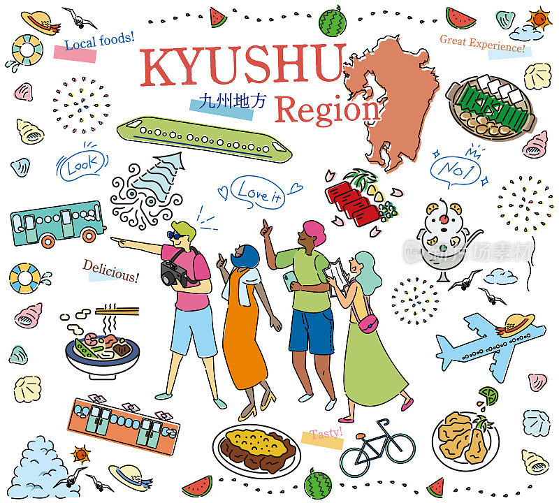 在日本九州地区享受夏季美食旅游的游客，一组图标(线条画)