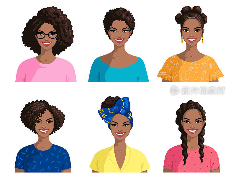 微笑的非洲妇女的肖像。一群黑皮肤、留着各种爆炸头发型的妇女。美丽的女性肖像孤立在白色。这对于虚拟角色来说非常棒。