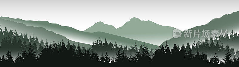 冒险户外露营徒步登山野生动物的背景-绿色剪影的迷雾山峰岩石和森林森林冷杉云杉树，现实的景观全景插图矢量