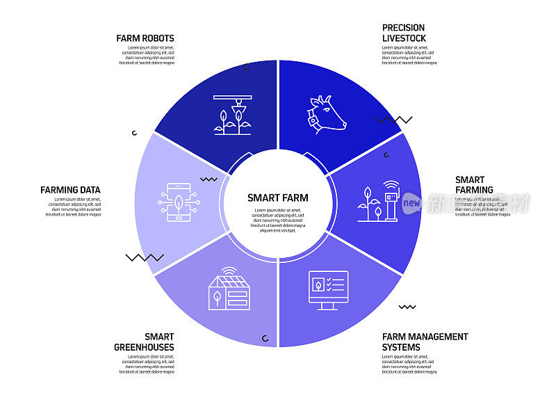 智能农场相关流程信息图表模板。过程时间表图。线性图标的工作流布局