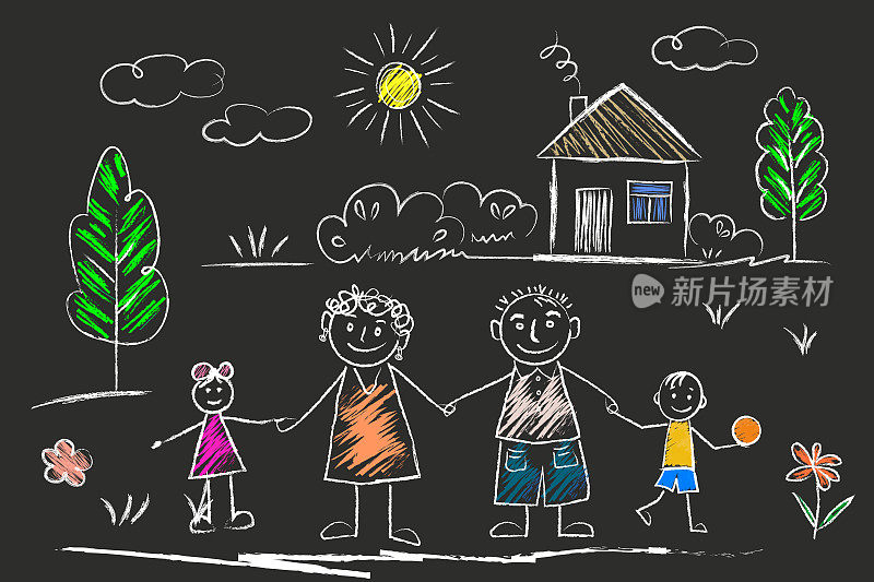 家庭——小女孩和小男孩牵着爸爸妈妈的手，猫，车，鸟，房子，太阳，云，花，夏日。用粉笔在柏油路或学校黑板上涂鸦。