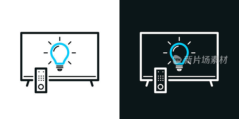 有灯泡的电视。黑色或白色背景上的双色线条图标-可编辑笔触
