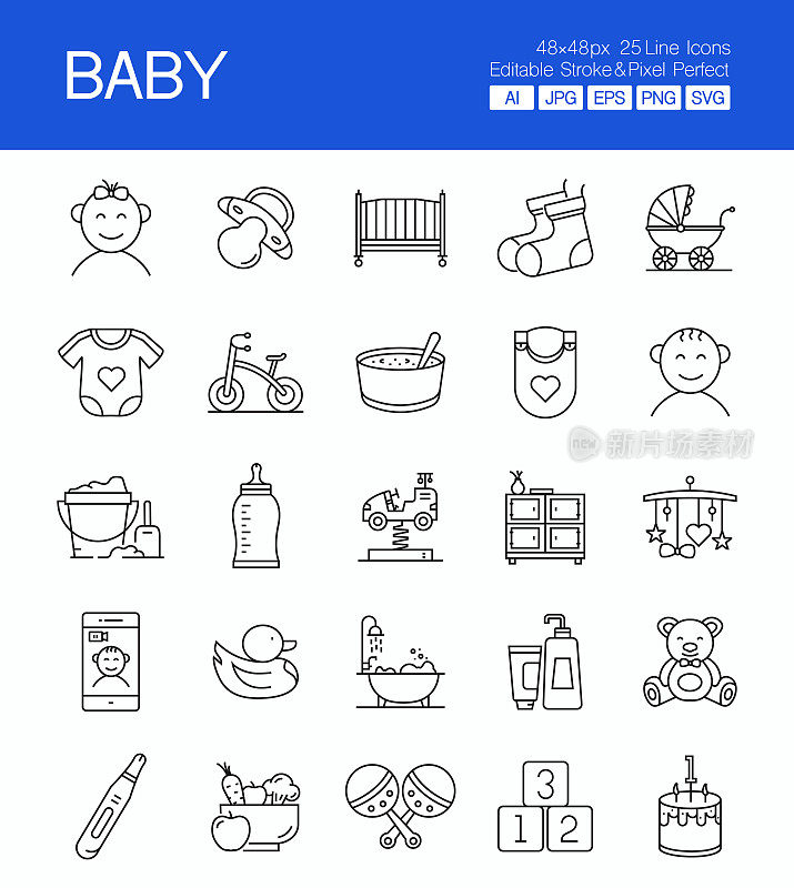 婴儿细线矢量图标集。设计是可编辑的，颜色可以改变。矢量创意图标集:女婴，婴儿床，橡皮鸭，新生儿，奶瓶。