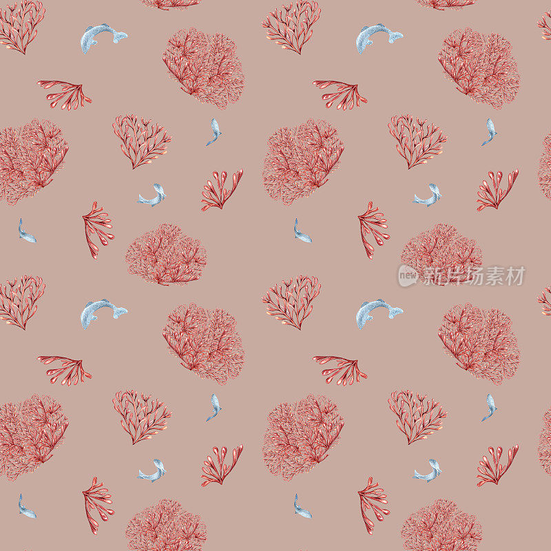 无缝图案的海洋植物，珊瑚水彩孤立在粉红色的背景。粉红色琼脂海藻和鱼手绘。设计元素用于包装，纺织品，纸张，包装，海洋收集
