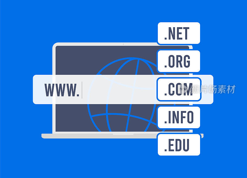 注册域名-搜索和购买可用的网站域名。优化SEO和搜索排名与正确的名称和扩展。矢量插图与笔记本电脑和搜索栏
