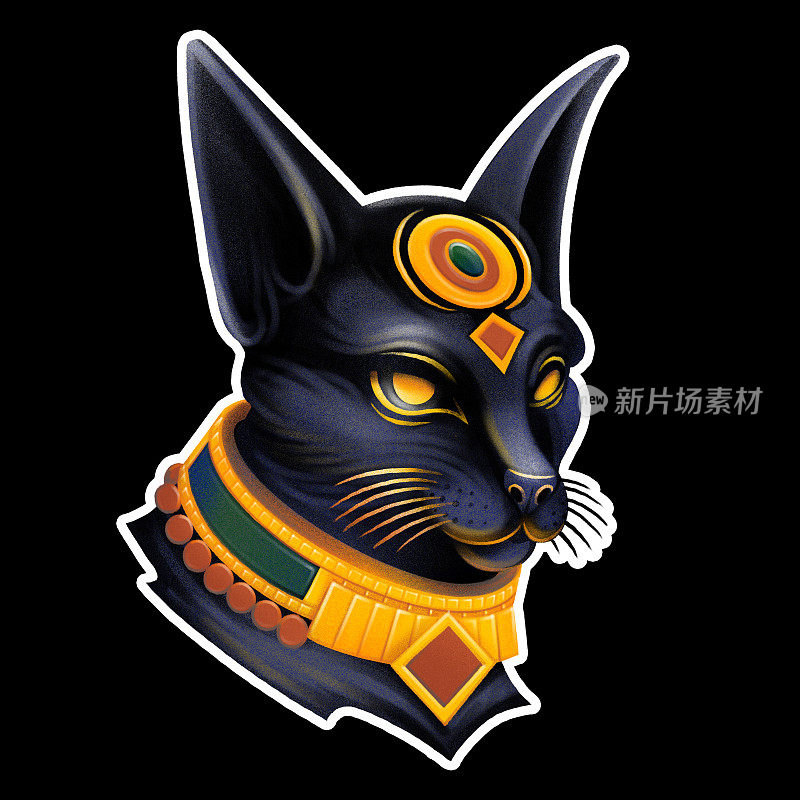 埃及女神巴斯特以黑猫的形式出现，采用数码修图的风格