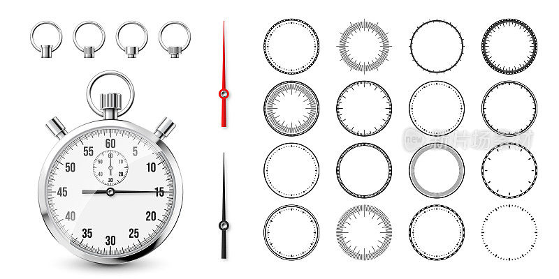 经典秒表与时钟面。闪亮的金属计时器，带表盘的时间计数器。倒数计时器显示分钟和秒。运动，开始和结束的时间测量。矢量图