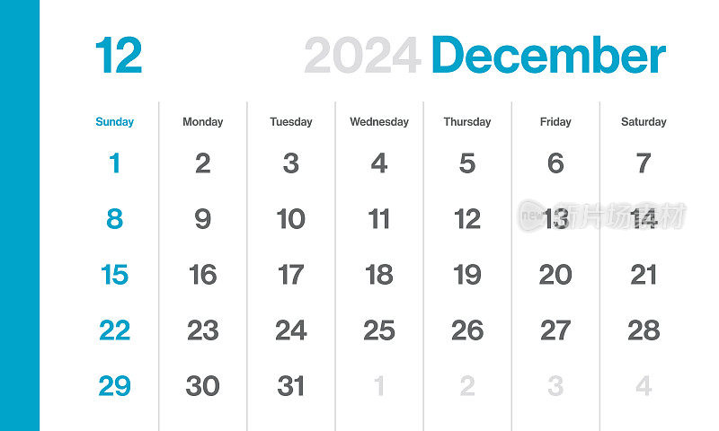 2024年12月-月历。极简风格的景观水平日历2024年。向量模板。一周从周日开始