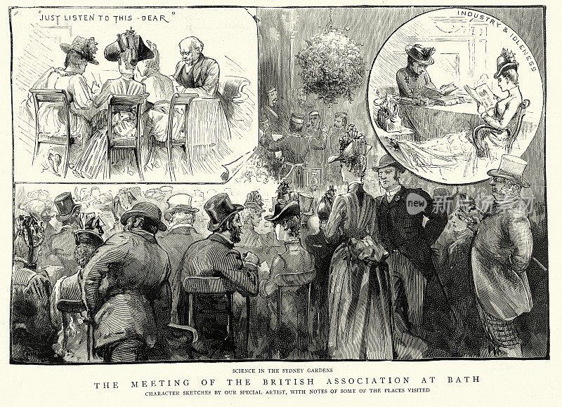 悉尼花园的科学讲座，维多利亚时期的妇女教育，19世纪1888年维多利亚时期在埃文河畔布拉德福德巴斯举行的英国协会会议草图