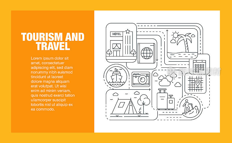 旅游和旅游线路图标集和横幅设计。探险，海滩，护照，旅游，世界地图