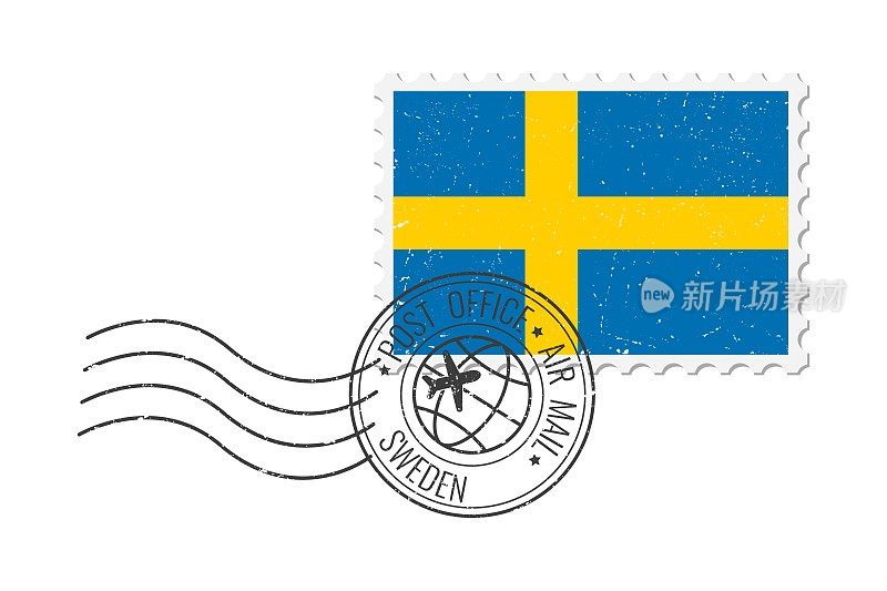 瑞典垃圾邮票。复古明信片矢量插图与瑞典国旗隔离在白色背景上。复古的风格。