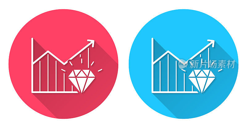 Diamond的生长图。圆形图标与长阴影在红色或蓝色的背景
