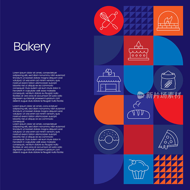 面包店相关的设计与线图标。简单轮廓符号图标。采购产品面包，椒盐卷饼，羊角包，烤，蛋糕