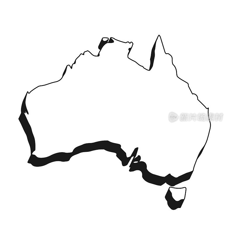 澳大利亚地图黑色轮廓和阴影在白色的背景