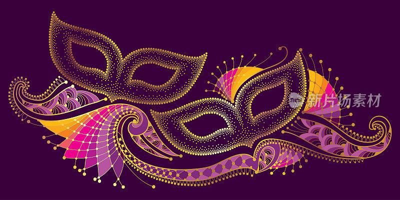矢量贺卡与两个点缀的狂欢节面具和轮廓装饰花边在紫罗兰的背景上的黄金。